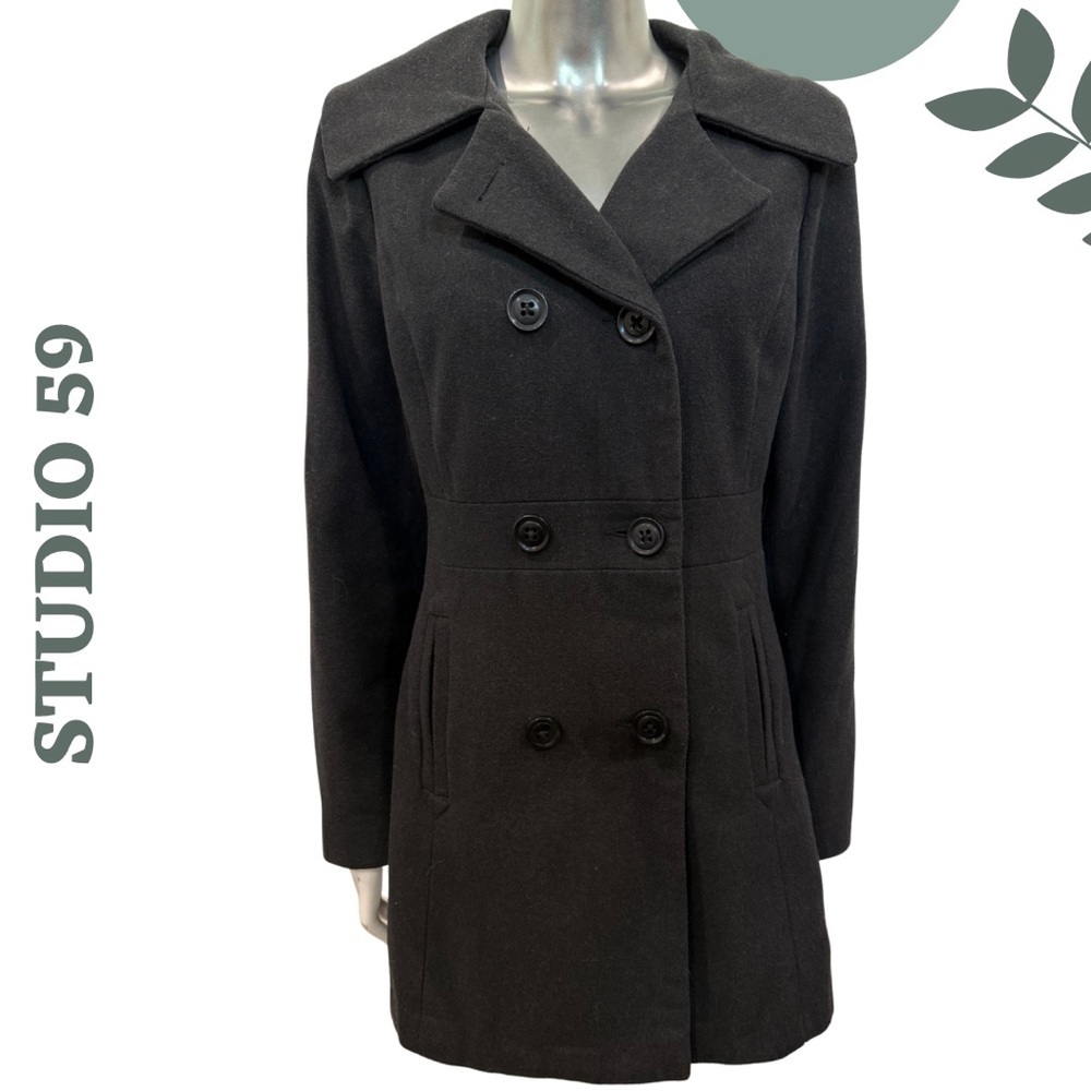 Studio 59 Black Wool-Blend Double-Breasted Coat – Medium